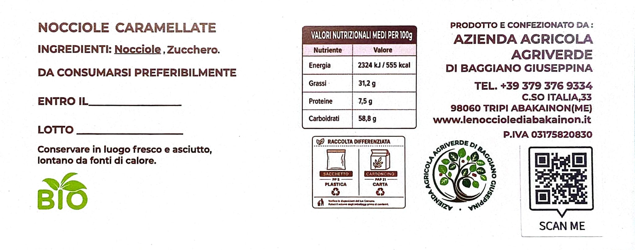 Etichetta Nocciole Caramellate con ingredienti e valori nutrizionali