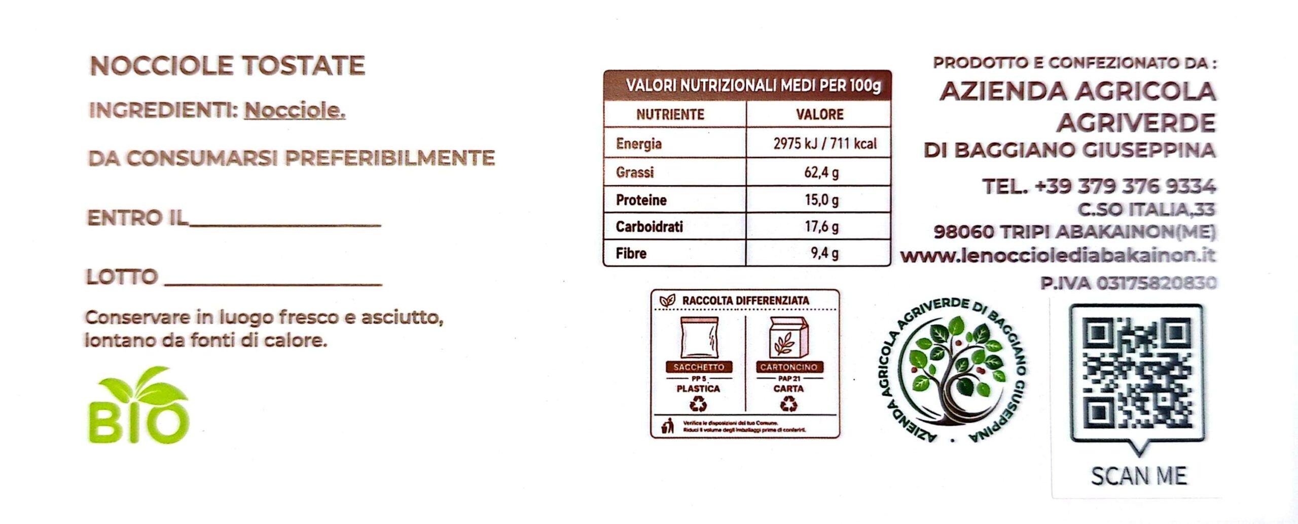 Etichetta Nocciole Tostate con ingredienti e valori nutrizionali
