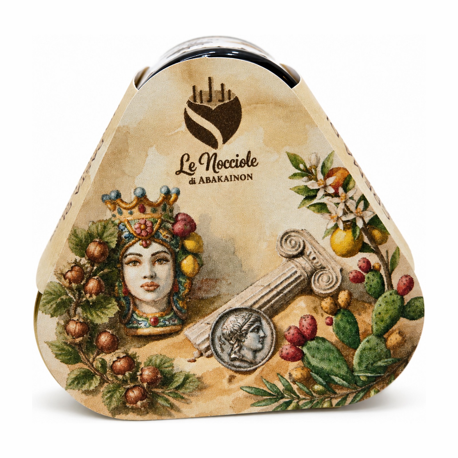 Tris Creme di Nocciole 60 g - astuccio illustrato con testa di moro e agora di Abakainon