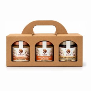 Trilogia Nocciola Fit: Pasta di Nocciole 100%, Pasta 100% Crunchy e Crema di Nocciole e Cacao 77% in confezione kraft con manico - Le Nocciole di Abakainon
